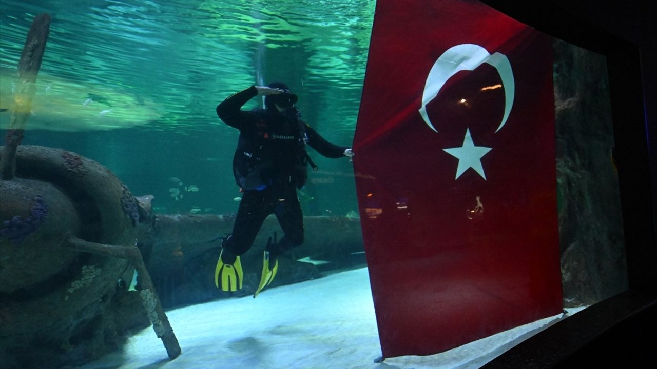 Antalya Akvaryum'da Zafer Bayramı Kutlaması: Dalgıçlar Köpek Balıkları Arasında Türk Bayrağı Açtı